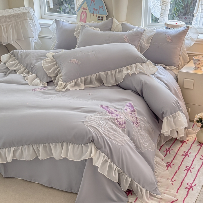 91家纺网 家纺一手货源 找家纺 凯美家居 2025新款A类水洗棉大版绣花四件套系列-蝶恋花 蝶恋花 浅灰