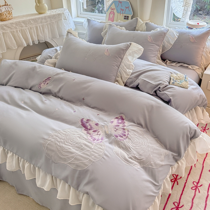 91家纺网 家纺一手货源 找家纺 凯美家居 2025新款A类水洗棉大版绣花四件套系列-蝶恋花 蝶恋花 浅灰