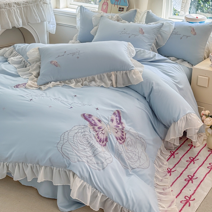 91家纺网 家纺一手货源 找家纺 凯美家居 2025新款A类水洗棉大版绣花四件套系列-蝶恋花 蝶恋花 浅蓝