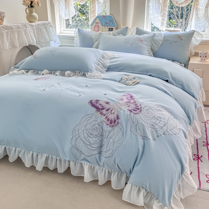 91家纺网 家纺一手货源 找家纺 凯美家居 2025新款A类水洗棉大版绣花四件套系列-蝶恋花 蝶恋花 浅蓝