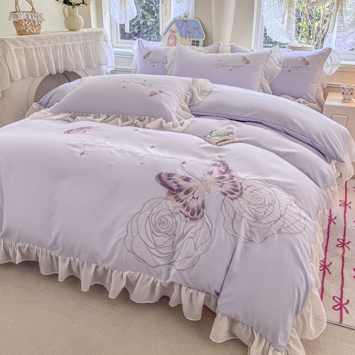 91家纺网 家纺一手货源 找家纺 凯美家居 2025新款A类水洗棉大版绣花四件套系列-蝶恋花 蝶恋花 浅紫