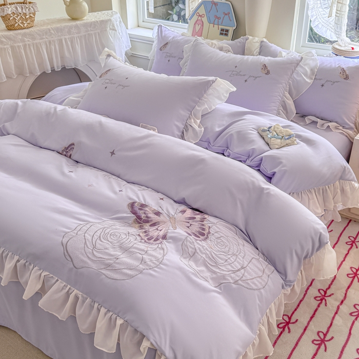 91家纺网 家纺一手货源 找家纺 凯美家居 2025新款A类水洗棉大版绣花四件套系列-蝶恋花 蝶恋花 浅紫