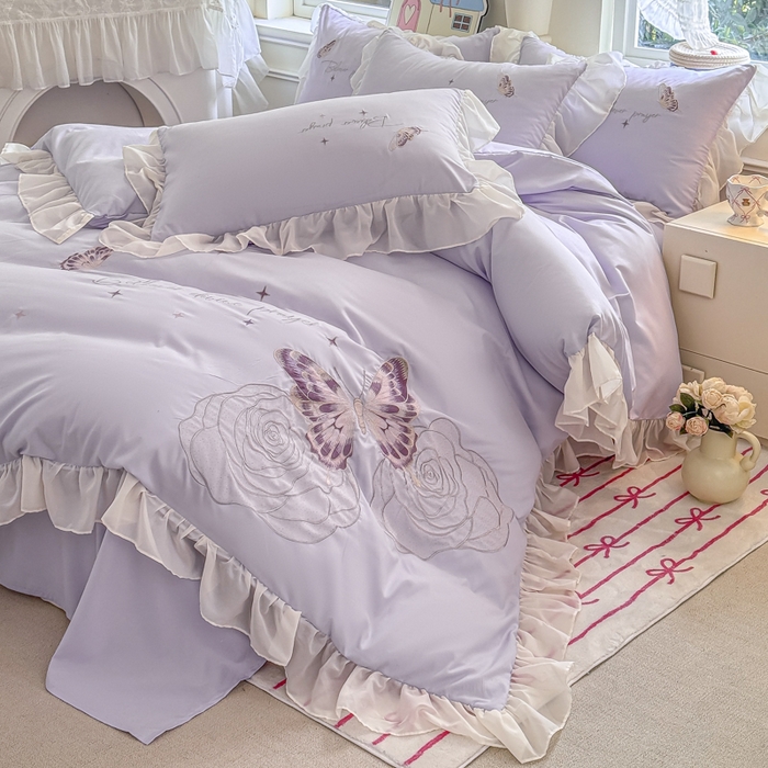 91家纺网 家纺一手货源 找家纺 凯美家居 2025新款A类水洗棉大版绣花四件套系列-蝶恋花 蝶恋花 浅紫