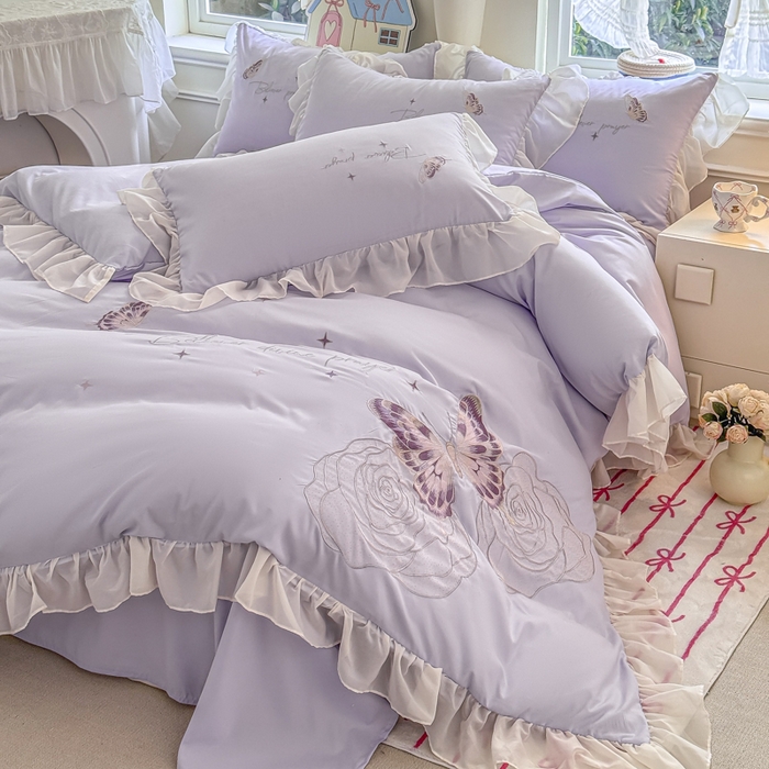 91家纺网 家纺一手货源 找家纺 凯美家居 2025新款A类水洗棉大版绣花四件套系列-蝶恋花 蝶恋花 浅紫