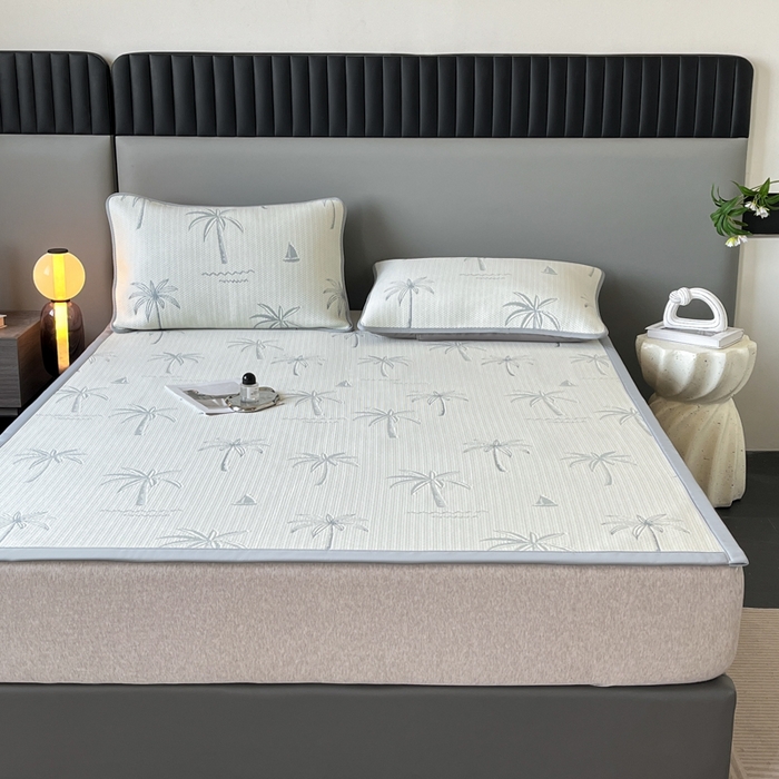 91家纺网 家纺一手货源 找家纺 子曰 2025春夏新款A类中分子430gPE聚乙烯乙纶凉豆豆凉席-床席款 椰子树