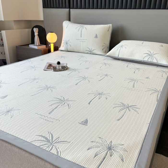 91家纺网 家纺一手货源 找家纺 子曰 2025春夏新款A类中分子430gPE聚乙烯乙纶凉豆豆凉席-床席款 椰子树