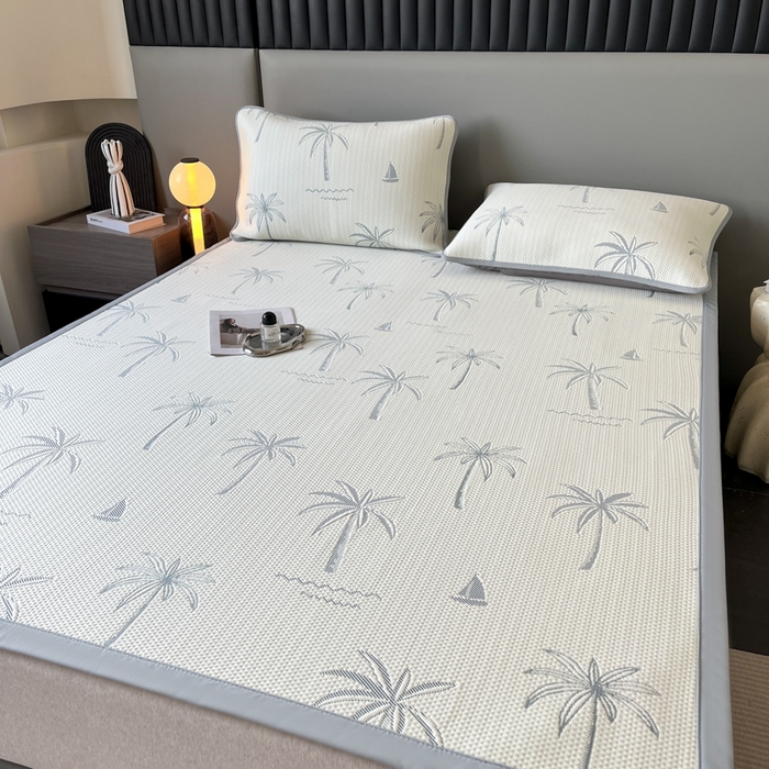 91家纺网 家纺一手货源 找家纺 子曰 2025春夏新款A类中分子430gPE聚乙烯乙纶凉豆豆凉席-床席款 椰子树