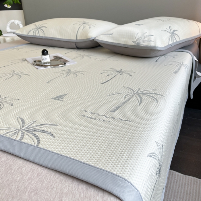 91家纺网 家纺一手货源 找家纺 子曰 2025春夏新款A类中分子430gPE聚乙烯乙纶凉豆豆凉席-床席款 椰子树