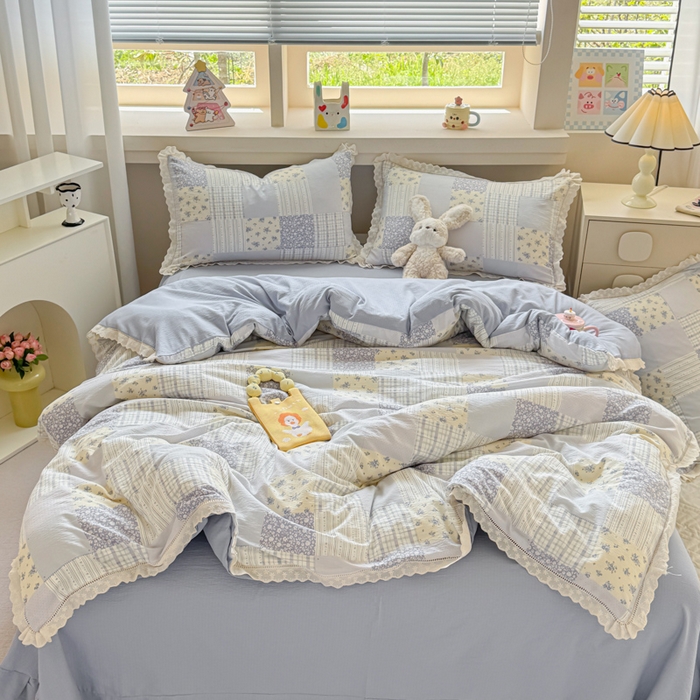 91家纺网 家纺一手货源 找家纺 芯贝儿 2025新款全m纯m花边木m邹邹双层纱水洗m四件套 百福蓝