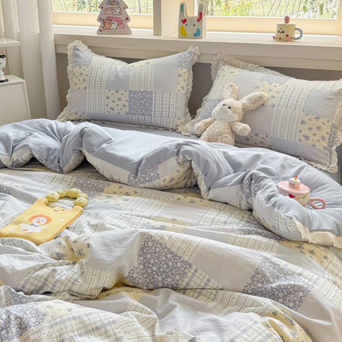 91家纺网 家纺一手货源 找家纺 芯贝儿 2025新款全m纯m花边木m邹邹双层纱水洗m四件套 百福蓝