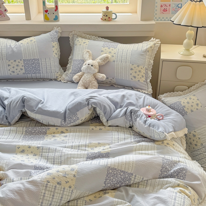 91家纺网 家纺一手货源 找家纺 芯贝儿 2025新款全m纯m花边木m邹邹双层纱水洗m四件套 百福蓝