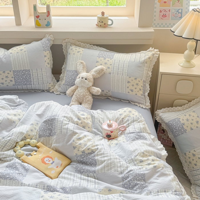 91家纺网 家纺一手货源 找家纺 芯贝儿 2025新款全m纯m花边木m邹邹双层纱水洗m四件套 百福蓝