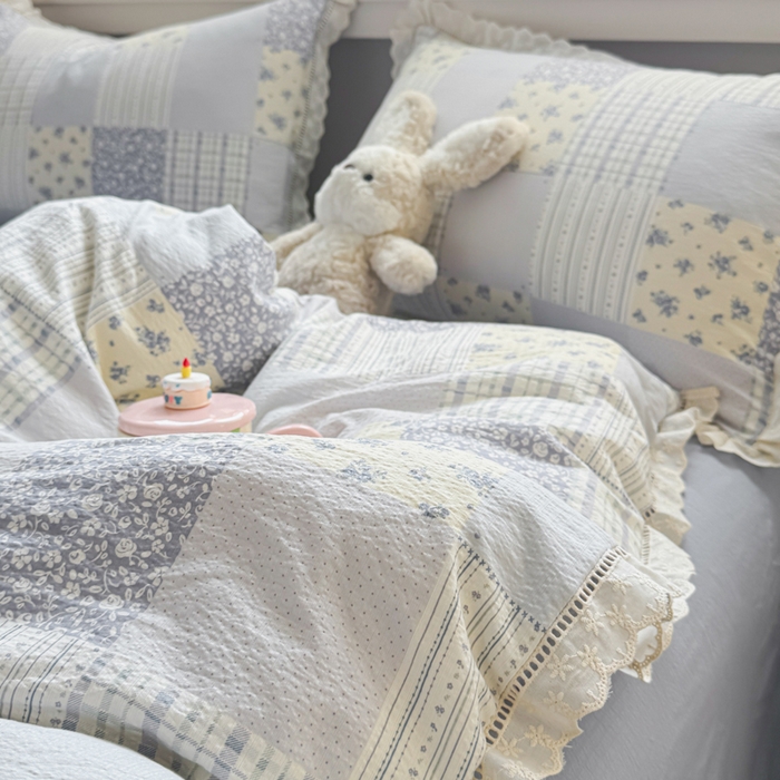 91家纺网 家纺一手货源 找家纺 芯贝儿 2025新款全m纯m花边木m邹邹双层纱水洗m四件套 百福蓝