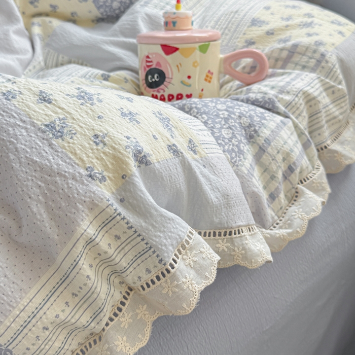 91家纺网 家纺一手货源 找家纺 芯贝儿 2025新款全m纯m花边木m邹邹双层纱水洗m四件套 百福蓝