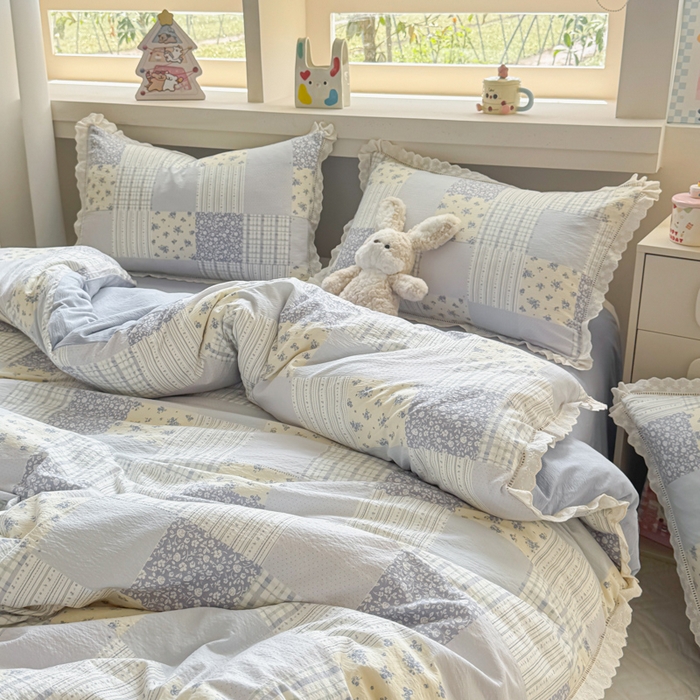 91家纺网 家纺一手货源 找家纺 芯贝儿 2025新款全m纯m花边木m邹邹双层纱水洗m四件套 百福蓝