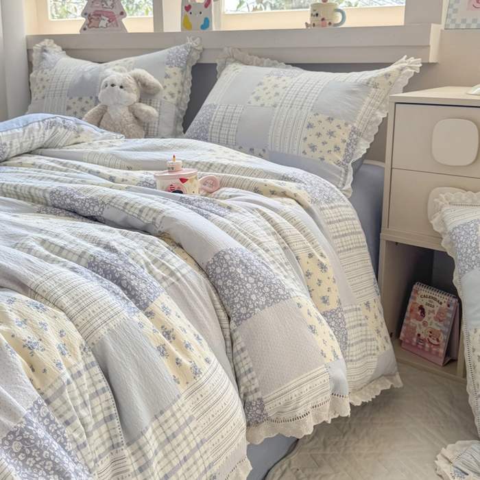 91家纺网 家纺一手货源 找家纺 芯贝儿 2025新款全m纯m花边木m邹邹双层纱水洗m四件套 百福蓝