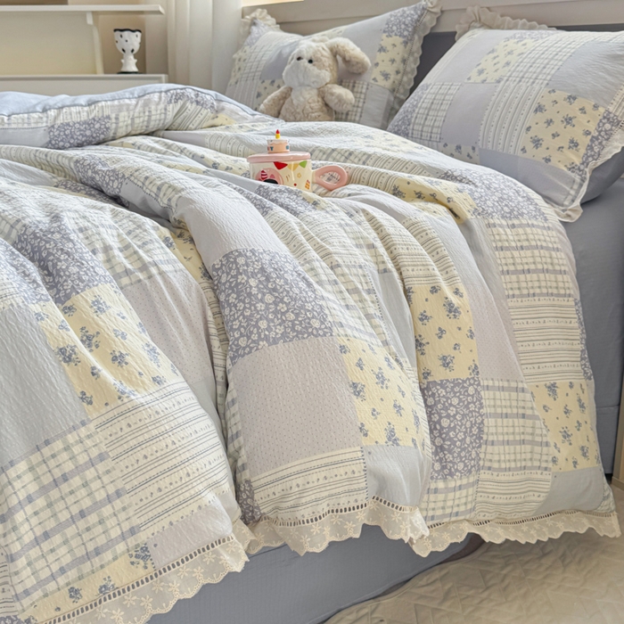 91家纺网 家纺一手货源 找家纺 芯贝儿 2025新款全m纯m花边木m邹邹双层纱水洗m四件套 百福蓝