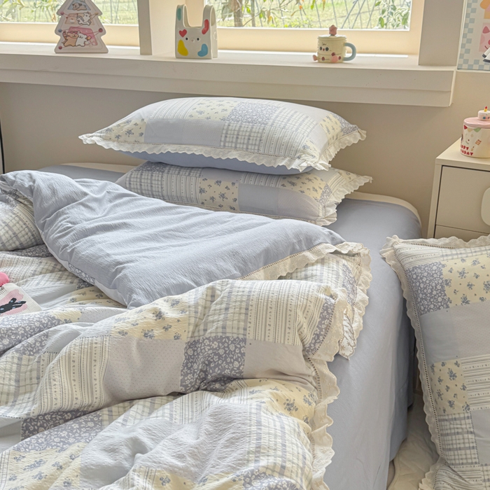 91家纺网 家纺一手货源 找家纺 芯贝儿 2025新款全m纯m花边木m邹邹双层纱水洗m四件套 百福蓝