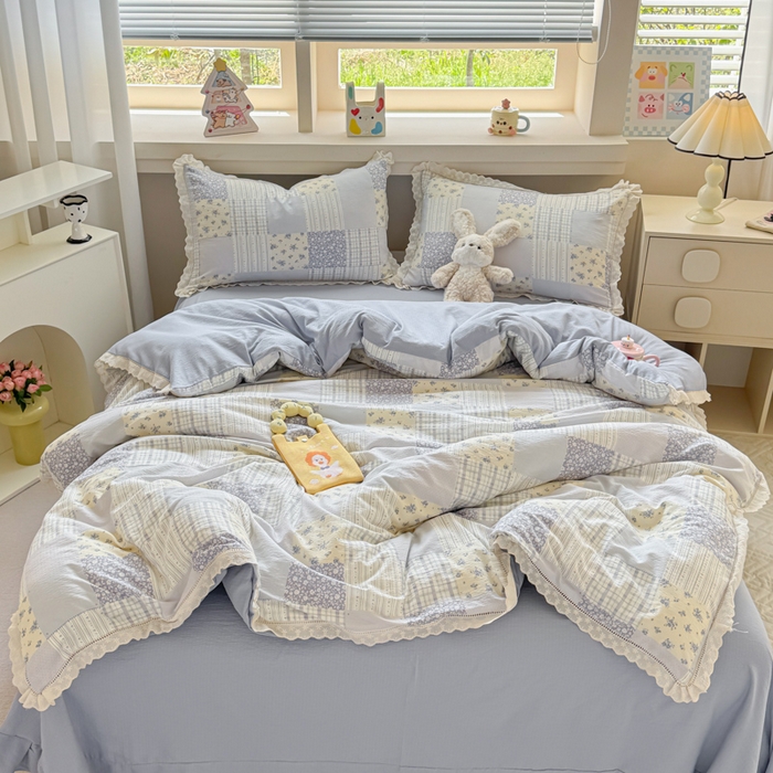 91家纺网 家纺一手货源 找家纺 芯贝儿 2025新款全m纯m花边木m邹邹双层纱水洗m四件套 百福蓝