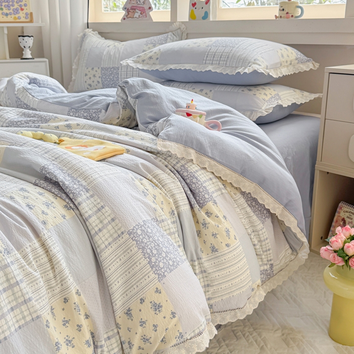 91家纺网 家纺一手货源 找家纺 芯贝儿 2025新款全m纯m花边木m邹邹双层纱水洗m四件套 百福蓝