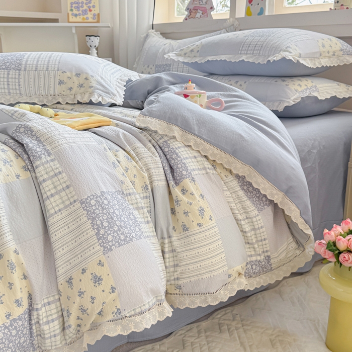 91家纺网 家纺一手货源 找家纺 芯贝儿 2025新款全m纯m花边木m邹邹双层纱水洗m四件套 百福蓝