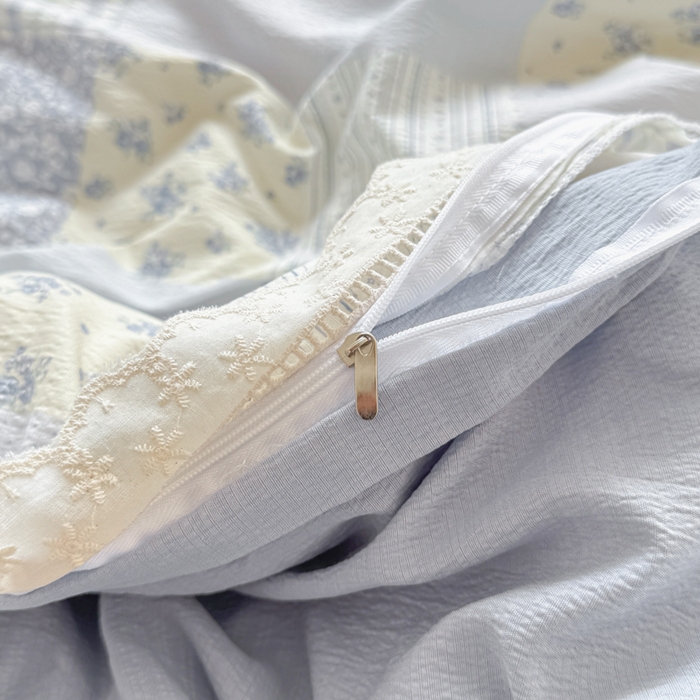 91家纺网 家纺一手货源 找家纺 芯贝儿 2025新款全m纯m花边木m邹邹双层纱水洗m四件套 百福蓝