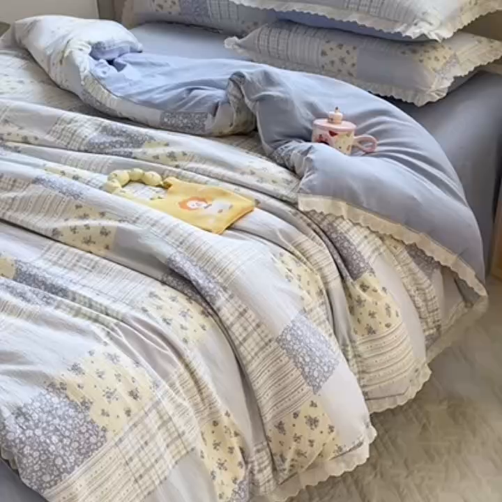 91家纺网 家纺一手货源 找家纺 芯贝儿 2025新款全m纯m花边木m邹邹双层纱水洗m四件套 百福蓝