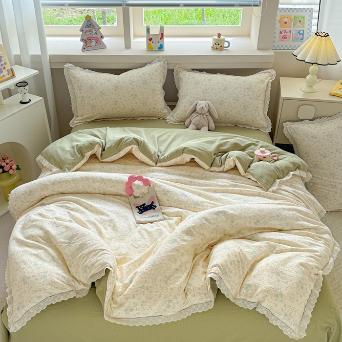 91家纺网 家纺一手货源 找家纺 芯贝儿 2025新款全m纯m花边木m邹邹双层纱水洗m四件套 薄荷微凉