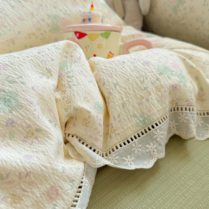 91家纺网 家纺一手货源 找家纺 芯贝儿 2025新款全m纯m花边木m邹邹双层纱水洗m四件套 薄荷微凉