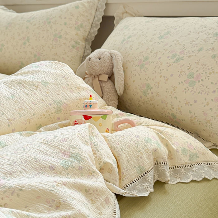 91家纺网 家纺一手货源 找家纺 芯贝儿 2025新款全m纯m花边木m邹邹双层纱水洗m四件套 薄荷微凉