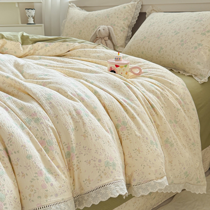 91家纺网 家纺一手货源 找家纺 芯贝儿 2025新款全m纯m花边木m邹邹双层纱水洗m四件套 薄荷微凉