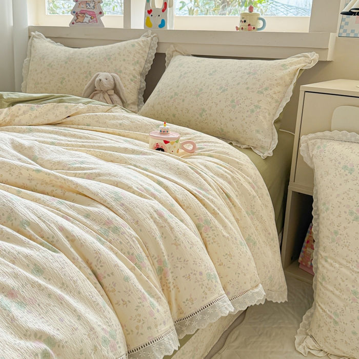 91家纺网 家纺一手货源 找家纺 芯贝儿 2025新款全m纯m花边木m邹邹双层纱水洗m四件套 薄荷微凉