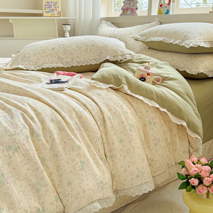 91家纺网 家纺一手货源 找家纺 芯贝儿 2025新款全m纯m花边木m邹邹双层纱水洗m四件套 薄荷微凉