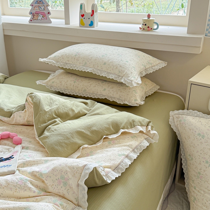 91家纺网 家纺一手货源 找家纺 芯贝儿 2025新款全m纯m花边木m邹邹双层纱水洗m四件套 薄荷微凉