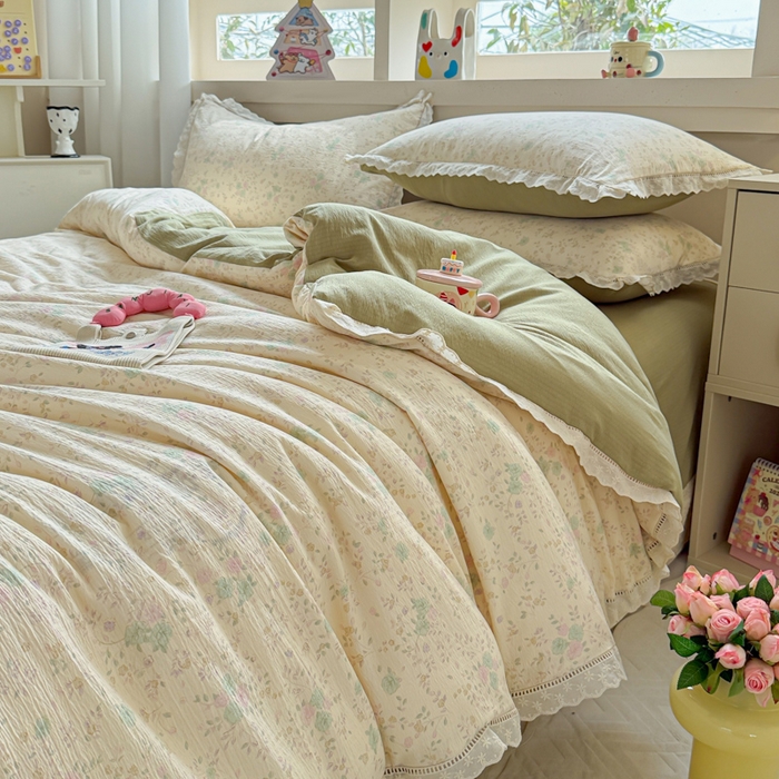 91家纺网 家纺一手货源 找家纺 芯贝儿 2025新款全m纯m花边木m邹邹双层纱水洗m四件套 薄荷微凉