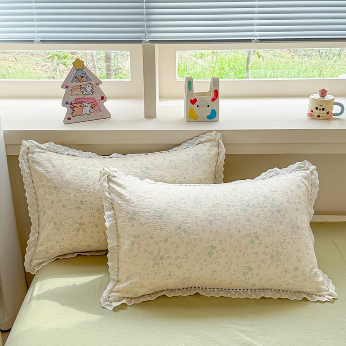 91家纺网 家纺一手货源 找家纺 芯贝儿 2025新款全m纯m花边木m邹邹双层纱水洗m四件套 薄荷微凉