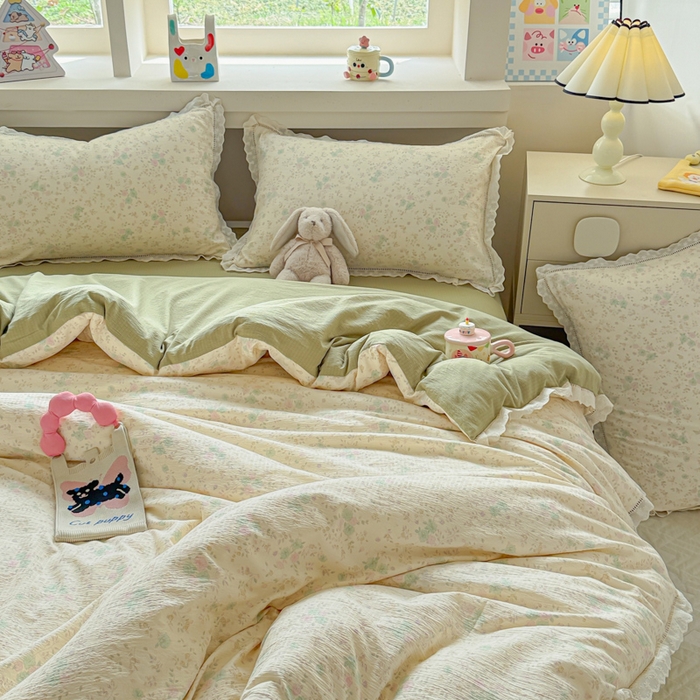 91家纺网 家纺一手货源 找家纺 芯贝儿 2025新款全m纯m花边木m邹邹双层纱水洗m四件套 薄荷微凉