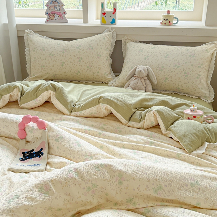 91家纺网 家纺一手货源 找家纺 芯贝儿 2025新款全m纯m花边木m邹邹双层纱水洗m四件套 薄荷微凉