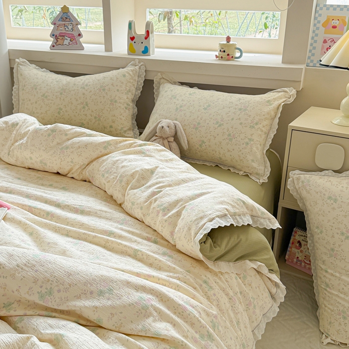 91家纺网 家纺一手货源 找家纺 芯贝儿 2025新款全m纯m花边木m邹邹双层纱水洗m四件套 薄荷微凉