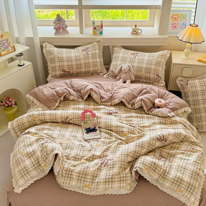 91家纺网 家纺一手货源 找家纺 芯贝儿 2025新款全m纯m花边木m邹邹双层纱水洗m四件套 太妃糖