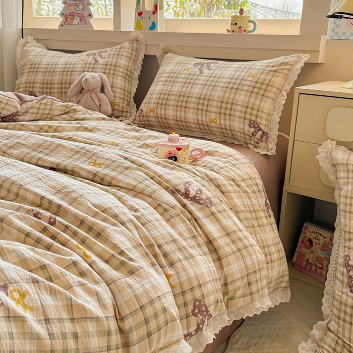 91家纺网 家纺一手货源 找家纺 芯贝儿 2025新款全m纯m花边木m邹邹双层纱水洗m四件套 太妃糖