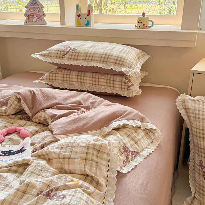 91家纺网 家纺一手货源 找家纺 芯贝儿 2025新款全m纯m花边木m邹邹双层纱水洗m四件套 太妃糖