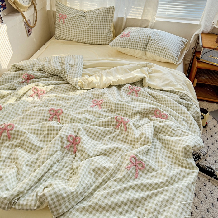 灰鲸 2025新款云朵棉毛巾绣夏被四件套 蝴蝶结-绿格+奶油黄