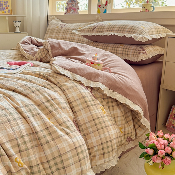 91家纺网 家纺一手货源 找家纺 芯贝儿 2025新款全m纯m花边木m邹邹双层纱水洗m四件套 太妃糖