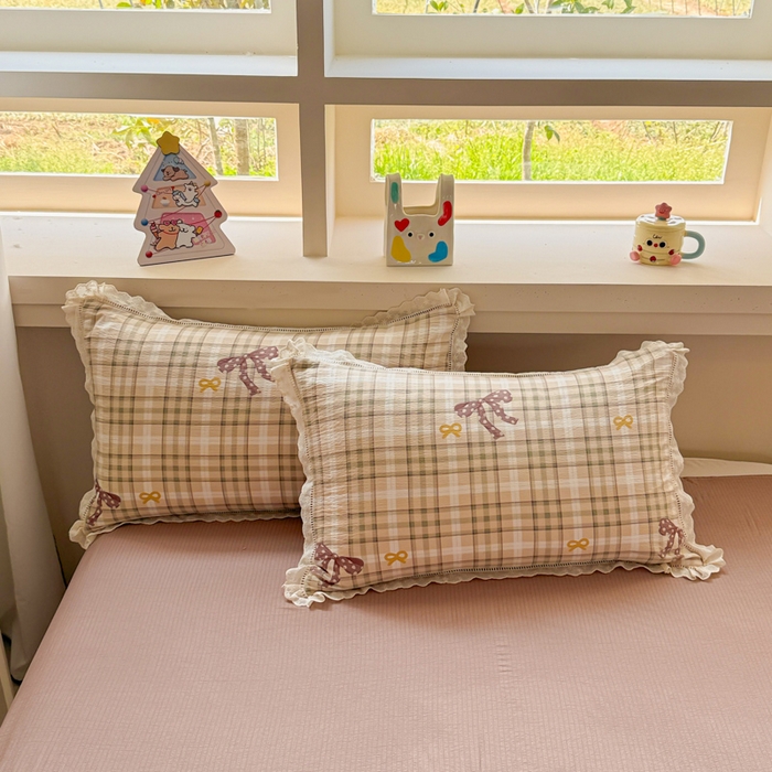 91家纺网 家纺一手货源 找家纺 芯贝儿 2025新款全m纯m花边木m邹邹双层纱水洗m四件套 太妃糖