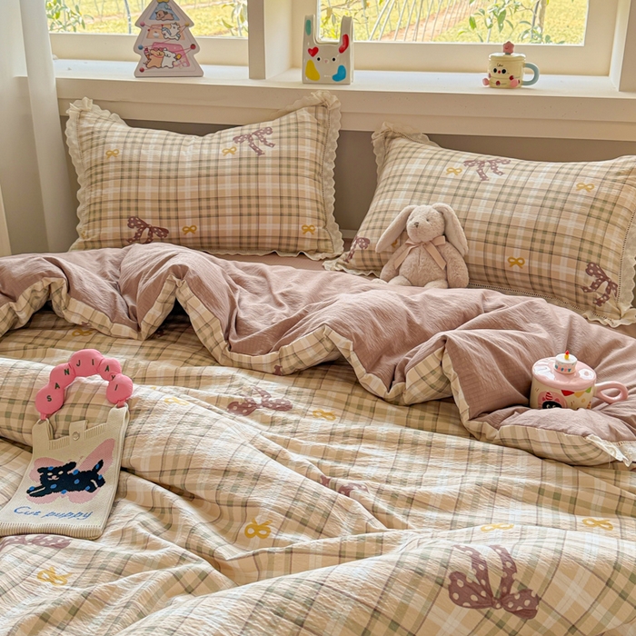 91家纺网 家纺一手货源 找家纺 芯贝儿 2025新款全m纯m花边木m邹邹双层纱水洗m四件套 太妃糖