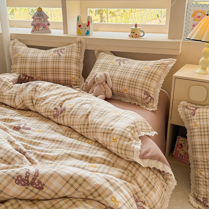 91家纺网 家纺一手货源 找家纺 芯贝儿 2025新款全m纯m花边木m邹邹双层纱水洗m四件套 太妃糖