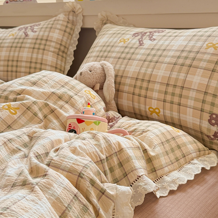 91家纺网 家纺一手货源 找家纺 芯贝儿 2025新款全m纯m花边木m邹邹双层纱水洗m四件套 太妃糖