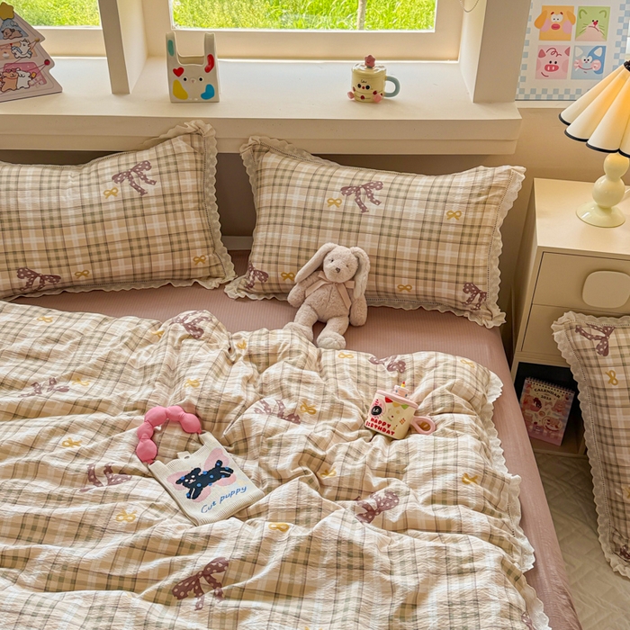 91家纺网 家纺一手货源 找家纺 芯贝儿 2025新款全m纯m花边木m邹邹双层纱水洗m四件套 太妃糖