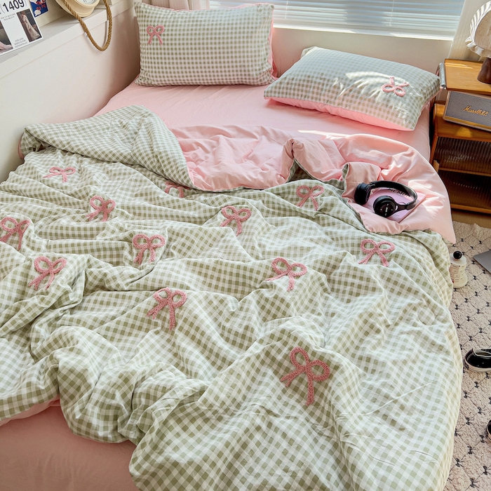 灰鲸 2025新款云朵棉毛巾绣夏被四件套 蝴蝶结-绿格+樱花粉